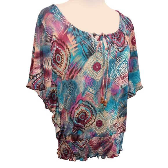 Y2K Stretchy Colorful Blouse Top Flutter Sleeves Blousy Relaxed Petite LG Office - Picture 10 of 11